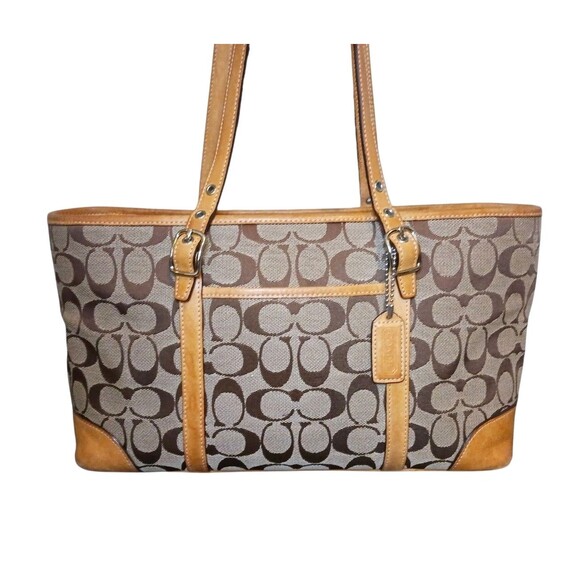 COACH Signature Tote Bag Tan & Brown Traditional Orange Interior Double Handles - Picture 3 of 13